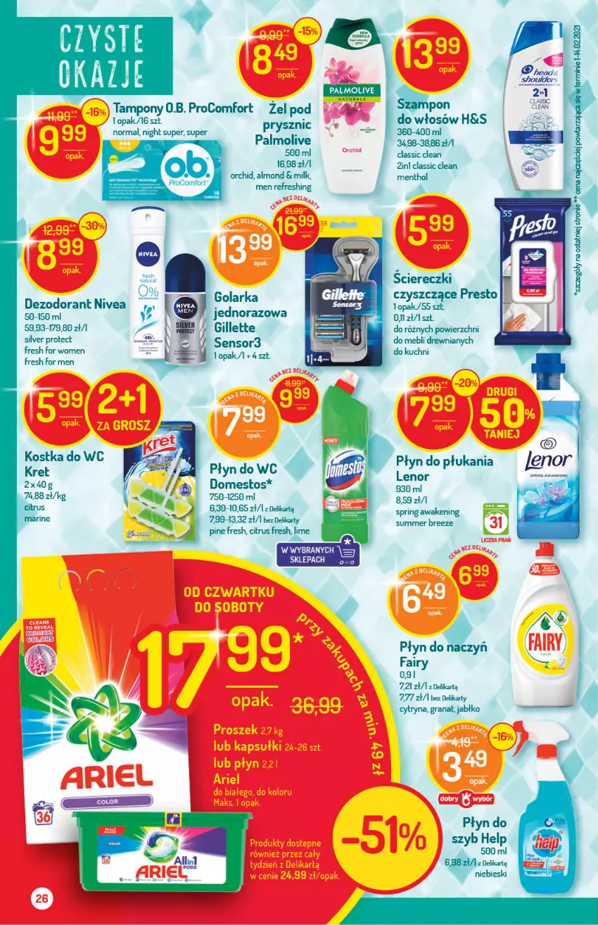 Gazetka promocyjna Delikatesy Centrum - Gazetka Delikatesy Centrum - ważna 06.04 do 14.04.2021 - strona 26 - produkty: Dezodorant, Domestos, Fa, Fairy, Gillette, Golarka, Gra, Granat, Kostka do wc, Kret, Lenor, Nivea, Palmolive, Płyn do płukania, Presto, Tampony