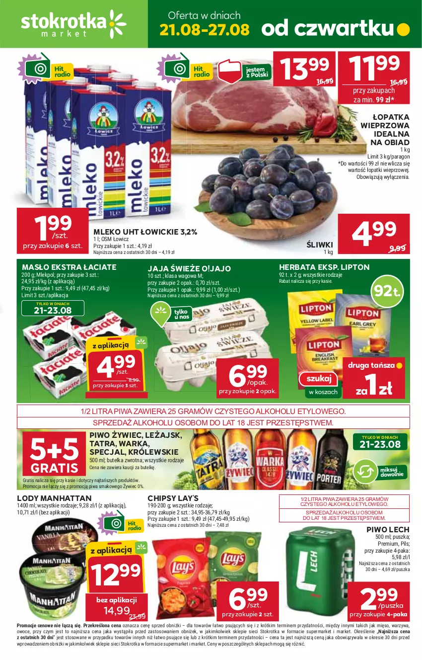 Gazetka promocyjna Stokrotka - Market - ważna 21.08 do 27.08.2025 - strona 1 - produkty: Chipsy, Gra, Herbata, Jaja, Królewski, Lay’s, Lipton, Lody, Masło, Mięso, Mleko, Owoce, Piwa, Piwo, Tatra, Warka, Warzywa