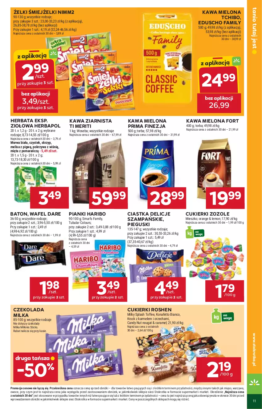 Gazetka promocyjna Stokrotka - Market - ważna 21.08 do 27.08.2025 - strona 13 - produkty: Baton, Candy, Ciastka, Cukier, Cukierki, Czekolada, Delicje, Fa, Haribo, Herbapol, Herbata, Kawa, Kawa mielona, Kawa ziarnista, Mięso, Mięta, Milka, Nimm2, Owoce, Prima, Stek, Tchibo, Torba, Warzywa, Woseba