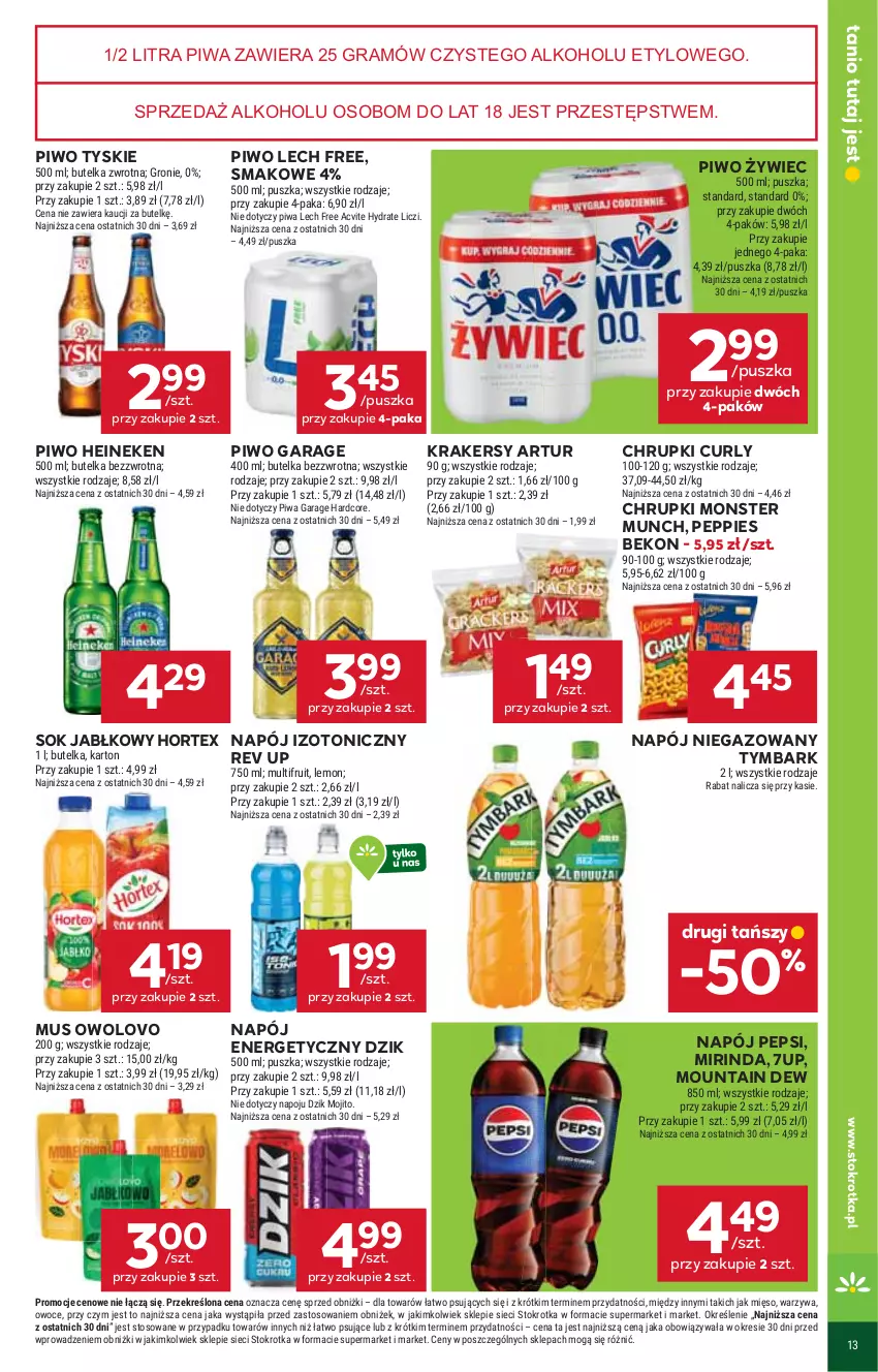Gazetka promocyjna Stokrotka - Market - ważna 21.08 do 27.08.2025 - strona 19 - produkty: 7up, Artur, Beko, Chrupki, Gra, Heineken, Hortex, Krakersy, Liczi, Mięso, Mirinda, Monster Munch, Mus, Napój, Napój izotoniczny, Napój niegazowany, Owoce, Pepsi, Piwa, Piwo, Sok, Sok jabłkowy, Tymbark, Tyskie, Warzywa