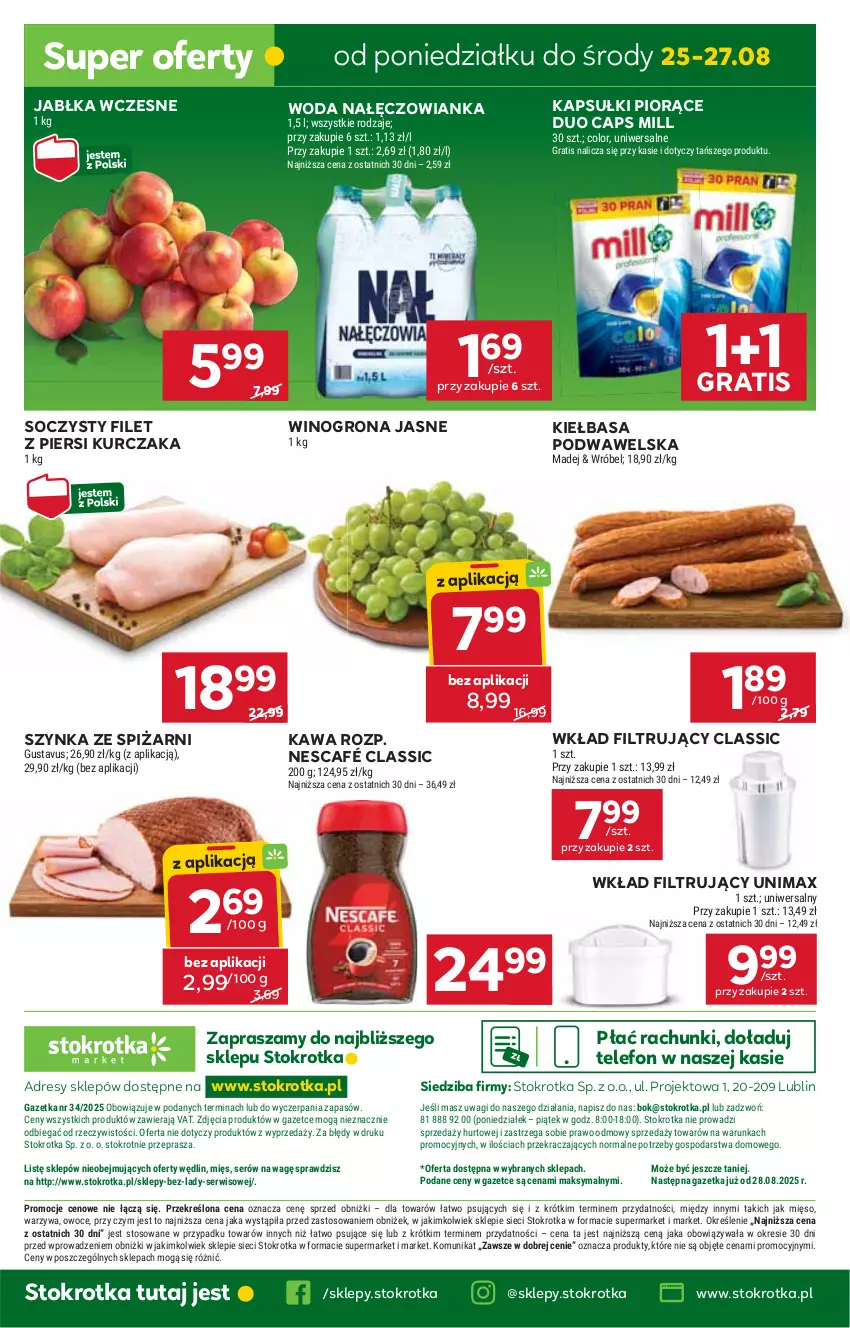 Gazetka promocyjna Stokrotka - Market - ważna 21.08 do 27.08.2025 - strona 31 - produkty: Dres, Filet z piersi kurczaka, Gra, Jabłka, JBL, Kawa, Kiełbasa, Kiełbasa podwawelska, Kurczak, Mięso, Nałęczowianka, Nescafé, O nas, Owoce, Ser, Szynka, Telefon, Wagi, Warzywa, Wawel, Wino, Winogrona, Wkład filtrujący, Woda