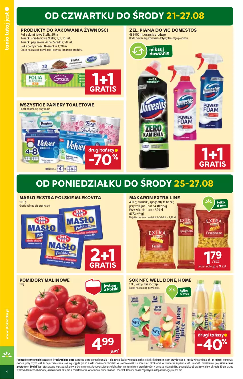 Gazetka promocyjna Stokrotka - Market - ważna 21.08 do 27.08.2025 - strona 4 - produkty: Danio, Domestos, Fa, Folia aluminiowa, Gra, Makaron, Masło, Mięso, Mleko, Mlekovita, Owoce, Papier, Pomidory, Sok, Spaghetti, Warzywa