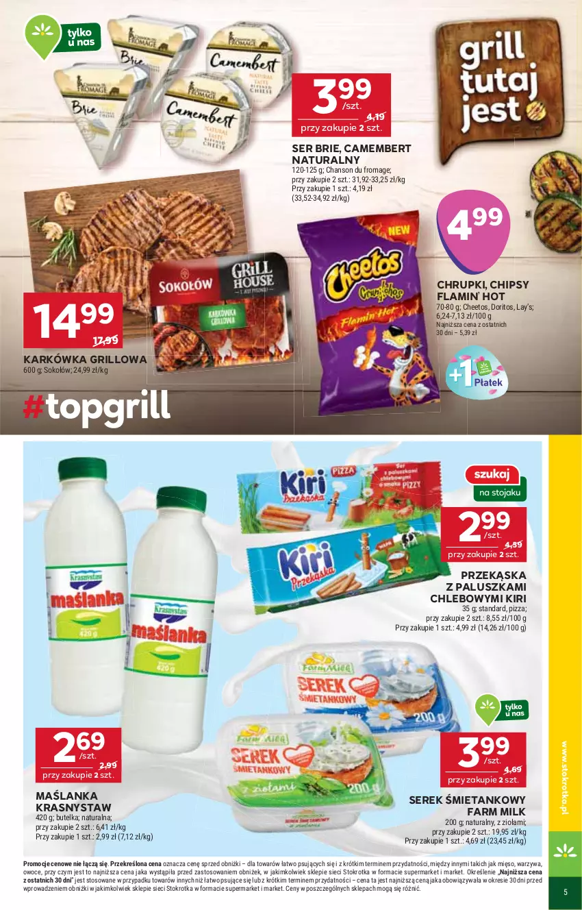 Gazetka promocyjna Stokrotka - Market - ważna 21.08 do 27.08.2025 - strona 5 - produkty: Brie, Camembert, Cheetos, Chipsy, Chleb, Chrupki, Fa, Farm Milk, Grill, Lay’s, Maślanka, Mięso, Owoce, Pizza, Ser, Serek, Sok, Sokołów, Warzywa