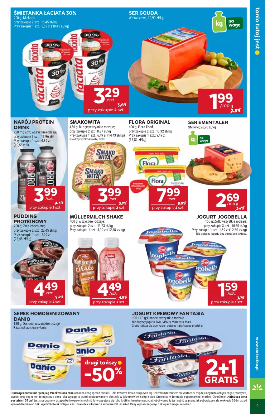 Gazetka promocyjna Stokrotka - Market - ważna 21.08 do 27.08.2025 - strona 9 - produkty: Bell, Bella, Danio, Danone, Ementaler, Fa, Fanta, Flora, Gin, Gouda, Gra, Jogobella, Jogurt, Mars, Mięso, Müller, Müllermilch, Napój, Owoce, Pudding, Ser, Serek, Serek homogenizowany, Smakowita, Twix, Warzywa, Zott