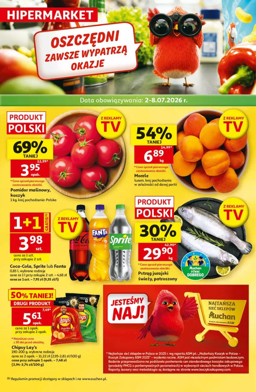 Gazetka promocyjna Auchan - 30 Lat Hipermarket - ważna 02.07 do 08.07.2026 - strona 1 - produkty: Chipsy, Coca-Cola, Fa, Fanta, Kosz, Odol, Pomidor malinowy, Por, Pstrąg, Ser, Sprite