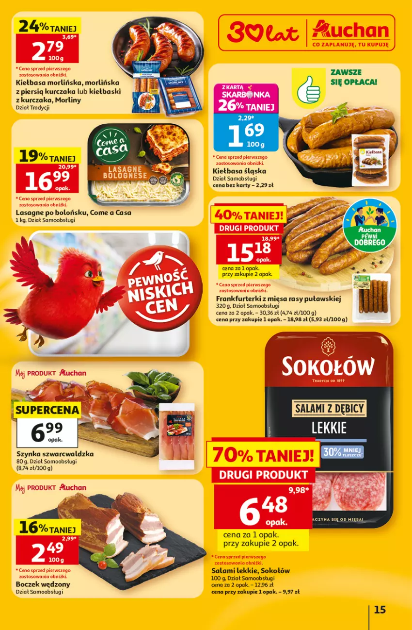 Gazetka promocyjna Auchan - 30 Lat Hipermarket - ważna 02.07 do 08.07.2026 - strona 15 - produkty: Boczek, Frankfurterki, Kiełbasa, Kiełbasa śląska, Kurczak, Lasagne, Morliny, Salami, Sok, Sokołów, Szynka