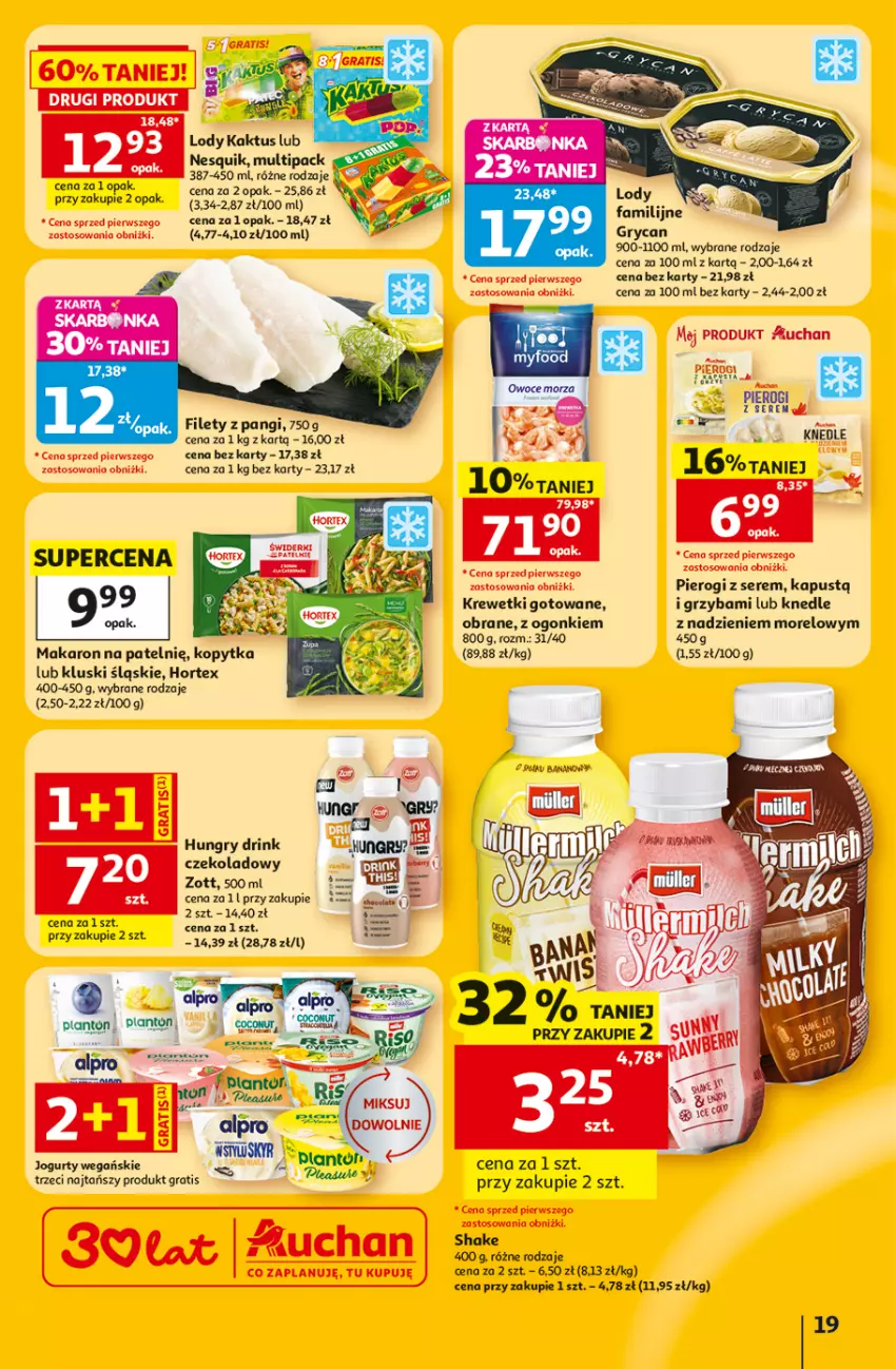 Gazetka promocyjna Auchan - 30 Lat Hipermarket - ważna 02.07 do 08.07.2026 - strona 19 - produkty: Alpro, Fa, Gra, Gry, Hortex, Jogurt, Kaktus, Kapustą, Knedle, Kopytka, Krewetki, Lody, Makaron, Nesquik, Pierogi, Ser, Zott