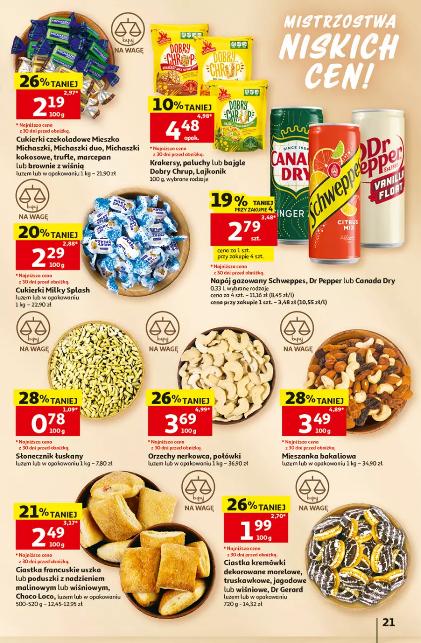 Gazetka promocyjna Auchan - 30 Lat Hipermarket - ważna 02.07 do 08.07.2026 - strona 21 - produkty: Bajgle, Brownie, Ciastka, Cukier, Cukierki, Cukierki czekoladowe, Dr Gerard, Kokos, Krakersy, Lajkonik, Mieszanka bakaliowa, Napój, Napój gazowany, Schweppes