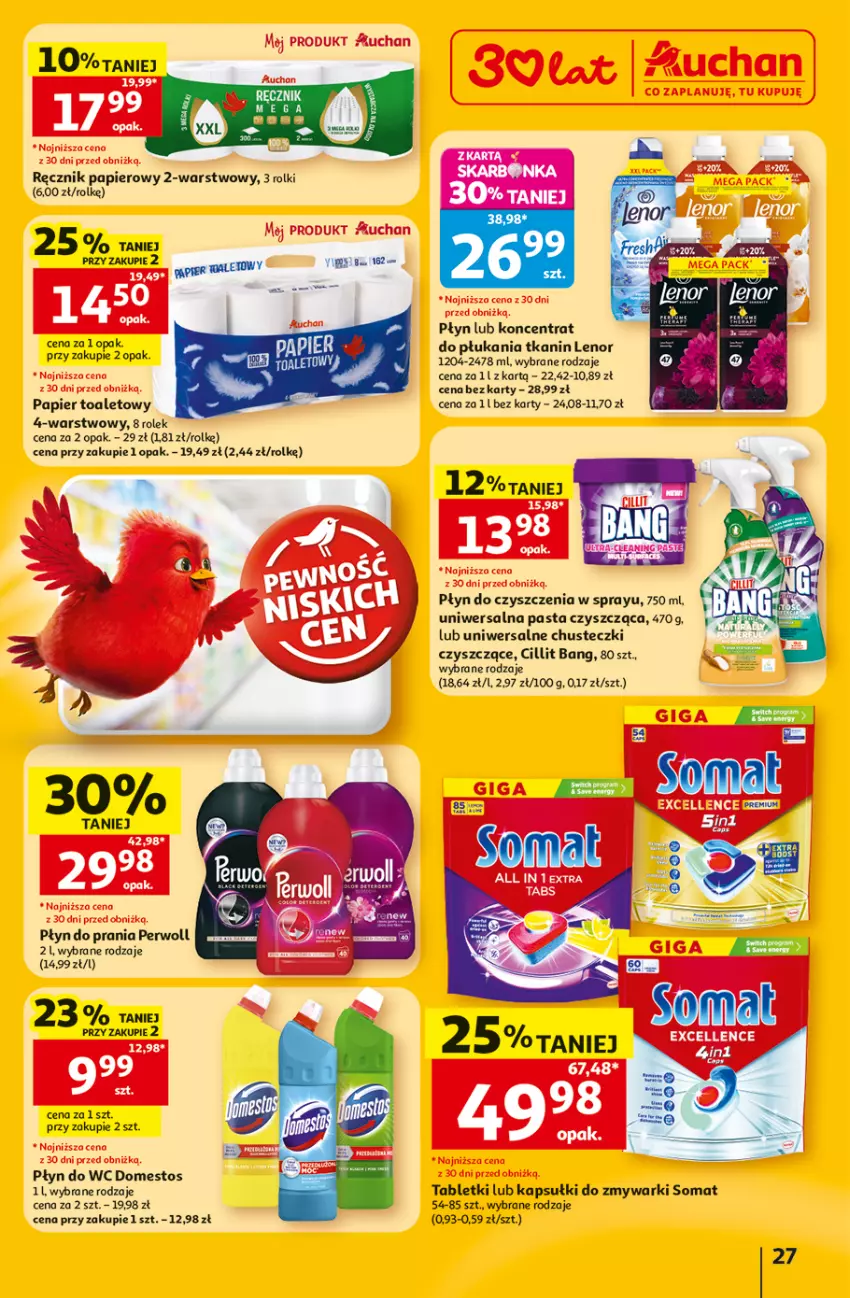Gazetka promocyjna Auchan - 30 Lat Hipermarket - ważna 02.07 do 08.07.2026 - strona 27 - produkty: Chusteczki, Cillit Bang, Domestos, Lenor, Papier, Papier toaletowy, Perwoll, Płyn do prania, Płyn do wc, Ręcznik, Rolki, Somat, Tablet, Zmywarki