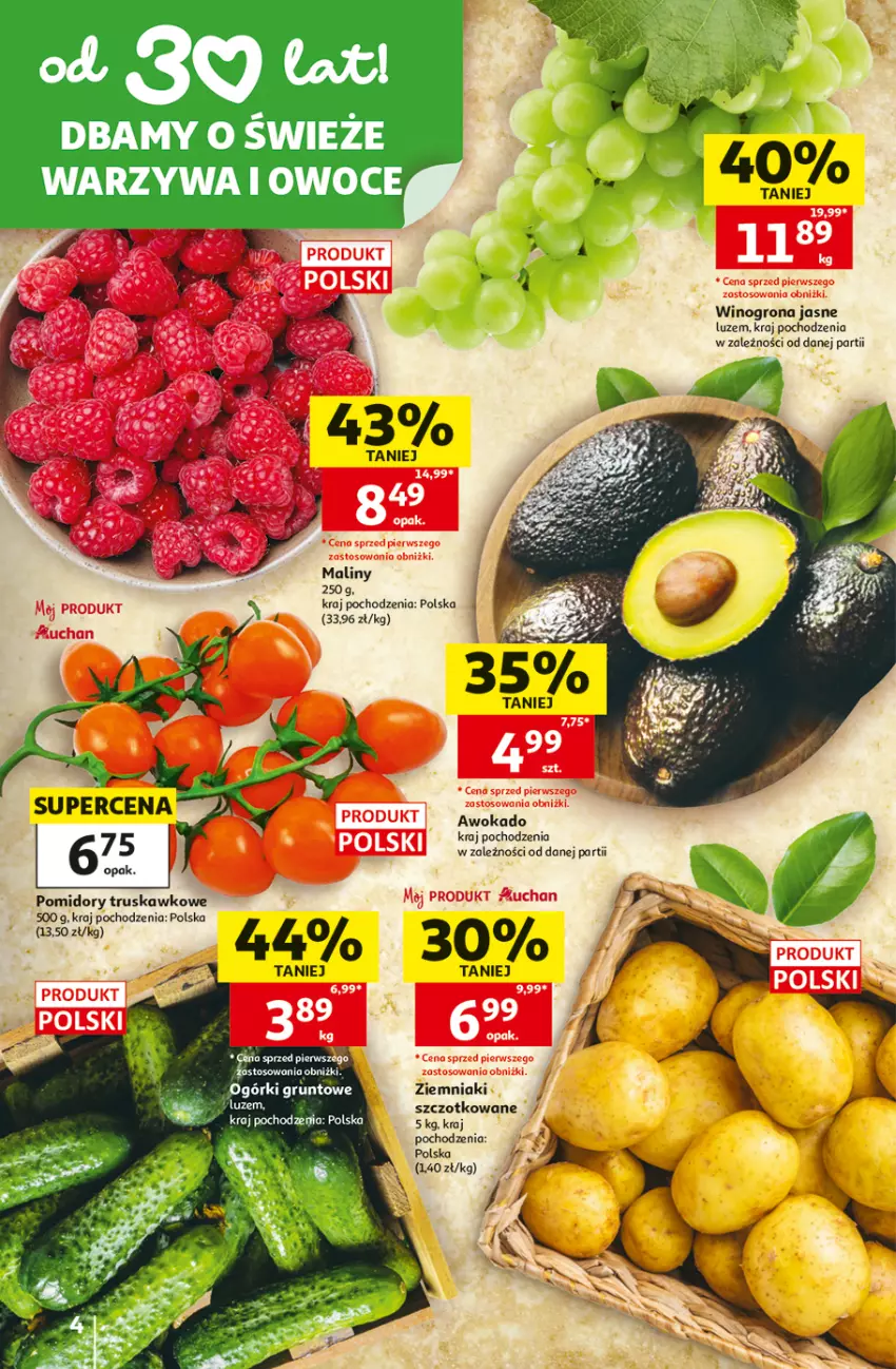 Gazetka promocyjna Auchan - 30 Lat Hipermarket - ważna 02.07 do 08.07.2026 - strona 4 - produkty: Grunt, Maliny, Owoce, Pomidory, Warzywa, Warzywa i owoce, Wino, Winogrona, Ziemniaki