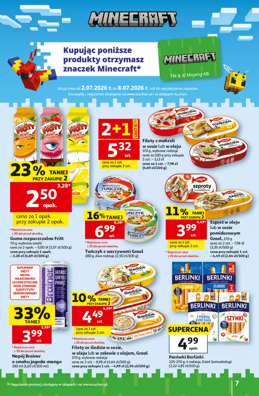 Gazetka promocyjna Auchan - 30 Lat Hipermarket - ważna 02.07 do 08.07.2026 - strona 7 - produkty: Acer, Berlinki, Gra, Graal, Guma rozpuszczalna, Mango, Minecraft, Napój, Olej, Parówki, Por, Sos, Szprot, Tuńczyk, Warzywa, Znicz
