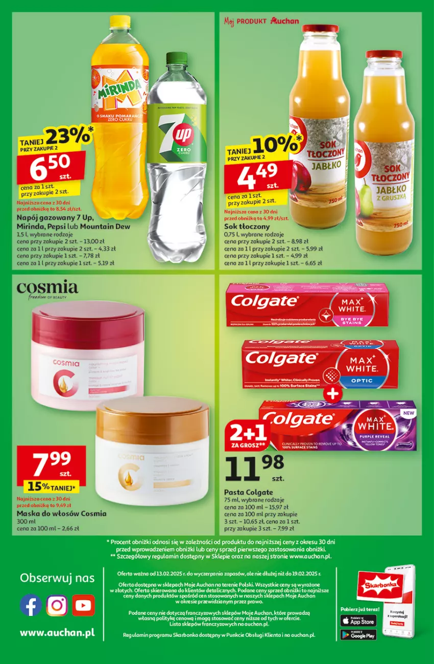 Gazetka promocyjna Auchan - z MAŁĄ CENKĄ dźwigniesz więcej! Moje - ważna 13.02 do 19.02.2025 - strona 10 - produkty: Colgate, LG, Maska, Maska do włosów, Mirinda, Napój, Napój gazowany, Pepsi, Sok