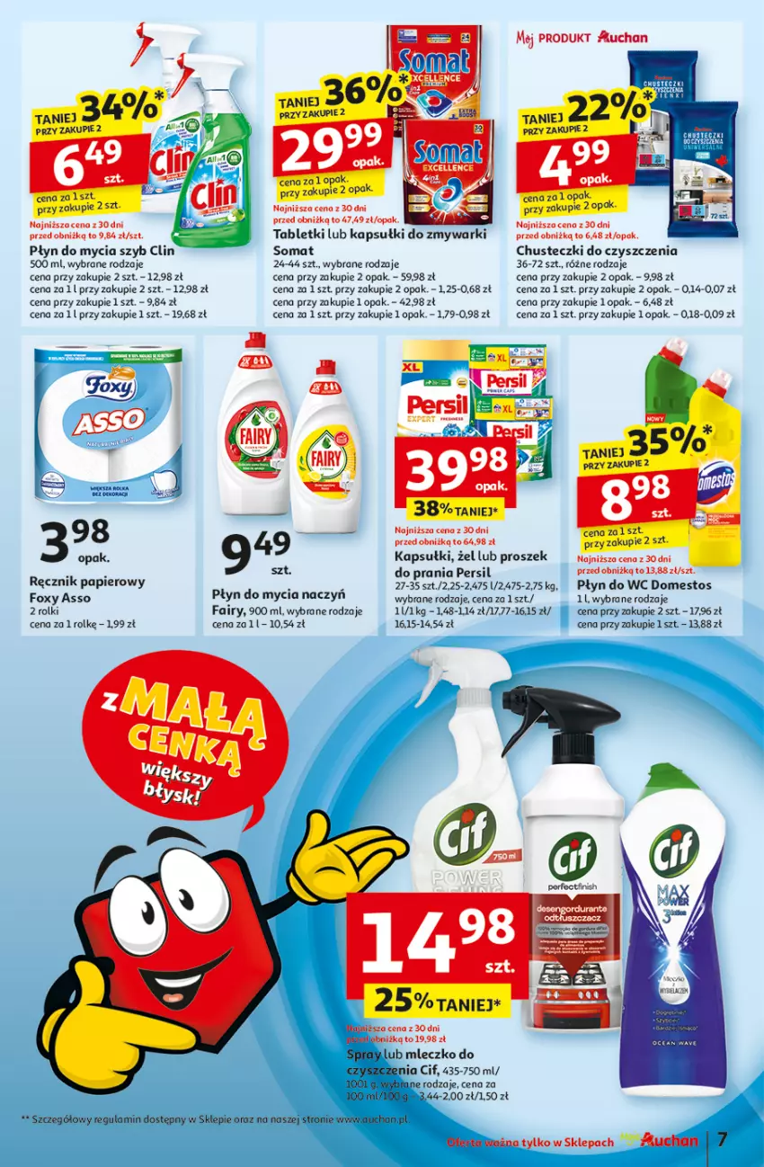 Gazetka promocyjna Auchan - z MAŁĄ CENKĄ dźwigniesz więcej! Moje - ważna 13.02 do 19.02.2025 - strona 9 - produkty: Chusteczki, Chusteczki do czyszczenia, Cif, Clin, Do mycia naczyń, Domestos, Fa, Fairy, Foxy, Mleczko, Papier, Persil, Płyn do mycia, Płyn do mycia naczyń, Płyn do wc, Proszek do prania, Ręcznik, Rolki, Somat, Tablet