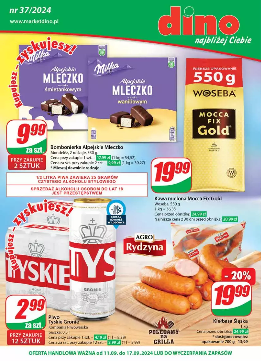 Gazetka promocyjna Dino - Gazetka 37 / 2024 - ważna 11.09 do 17.09.2024 - strona 1 - produkty: Grill, JBL, Kawa, Kawa mielona, Kiełbasa, Kiełbasa śląska, Mleczko, Mocca Fix Gold, Piwo, Tyskie, Woseba