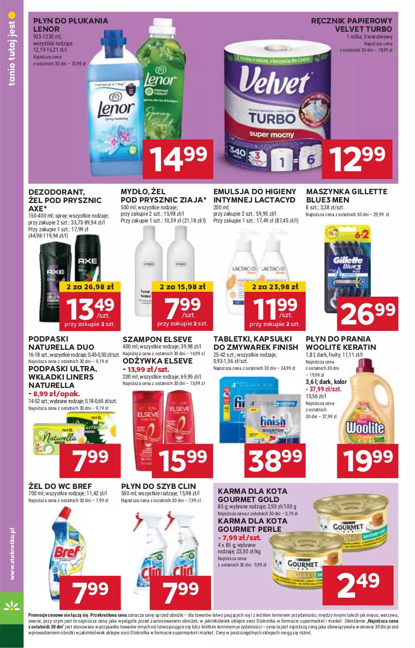 Gazetka promocyjna Stokrotka - Market - ważna 17.10 do 23.10.2024 - strona 14 - produkty: Bref, Clin, Dezodorant, Elseve, Emulsja, Finish, Gillette, Gourmet Gold, HP, Lactacyd, Lenor, Maszynka, Mydło, Naturell, Naturella, Odżywka, Papier, Płyn do płukania, Płyn do prania, Płyn do szyb, Podpaski, Ręcznik, Szampon, Szynka, Tablet, Velvet, Wkładki, Woolite, Ziaja