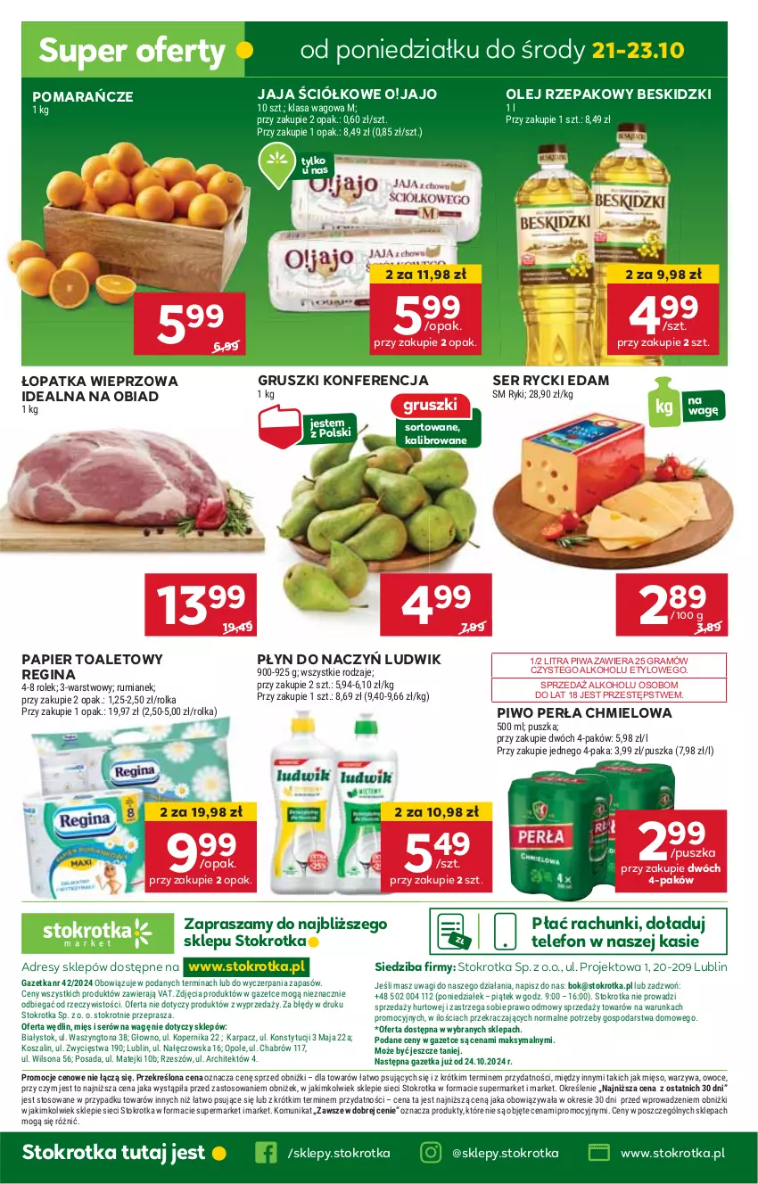 Gazetka promocyjna Stokrotka - Market - ważna 17.10 do 23.10.2024 - strona 19 - produkty: Beskidzki, Dres, Edam, Gin, Gra, Gruszki, HP, Jaja, JBL, Ludwik, Olej, Olej rzepakowy, Papier, Papier toaletowy, Perła, Piwa, Piwo, Pomarańcze, Rycki Edam, Ser, Telefon