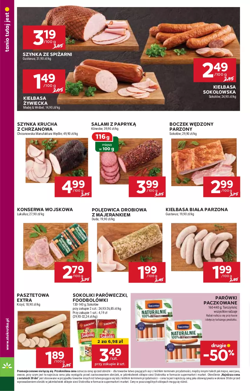 Gazetka promocyjna Stokrotka - Market - ważna 17.10 do 23.10.2024 - strona 6 - produkty: Boczek, Chrzan, HP, Kiełbasa, Kiełbasa biała, Parówki, Pasztet, Polędwica, Salami, Salami z papryką, Ser, Sok, Sos, Szynka