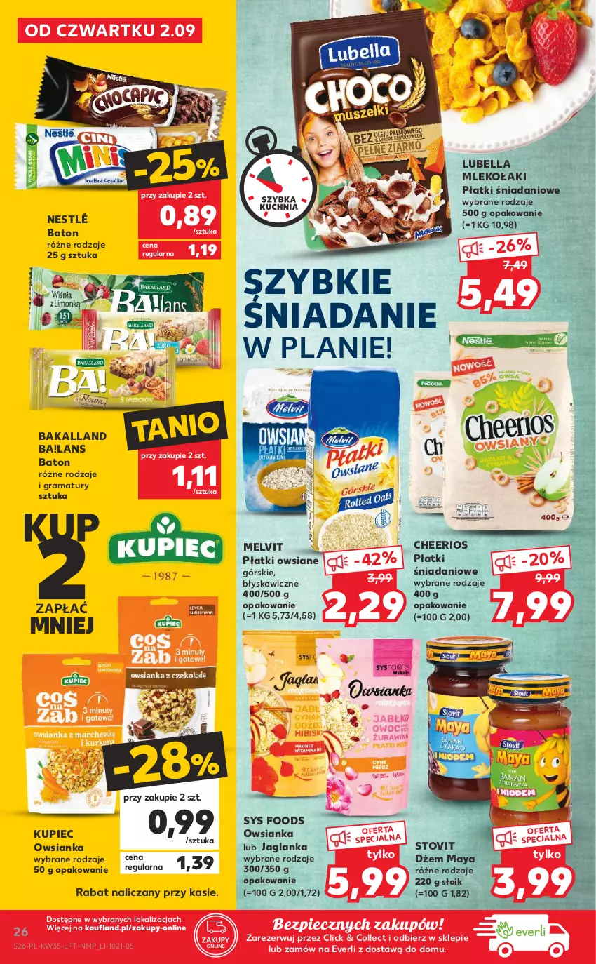 Gazetka promocyjna Kaufland - OFERTA TYGODNIA - ważna 02.09 do 08.09.2021 - strona 26 - produkty: Ba!, Bakalland, Baton, Bell, Bella, Cheerios, Danio, Dżem, Gra, Jaglanka, Kupiec, Lubella, Melvit, Mleko, Nestlé, Owsianka, Piec, Płatki owsiane, Rama