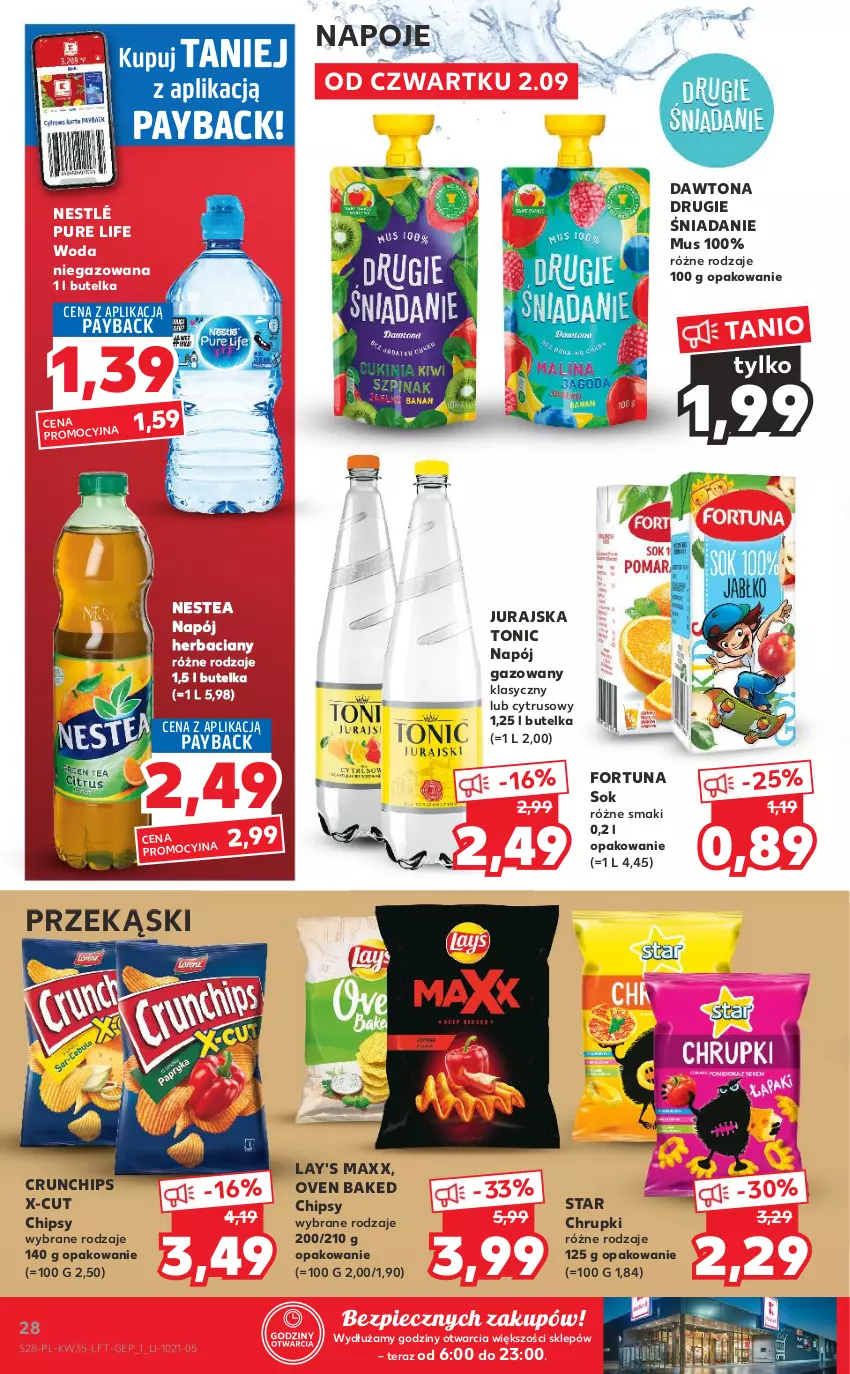 Gazetka promocyjna Kaufland - OFERTA TYGODNIA - ważna 02.09 do 08.09.2021 - strona 28 - produkty: Chipsy, Chrupki, Crunchips, Dawtona, Fortuna, Mus, Napój, Napój gazowany, Napoje, Nestea, Nestlé, Piec, Pur, Sok, Tera, Woda, Woda niegazowana