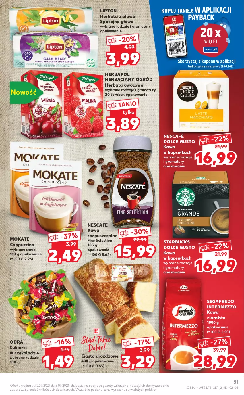 Gazetka promocyjna Kaufland - OFERTA TYGODNIA - ważna 02.09 do 08.09.2021 - strona 31 - produkty: Cappuccino, Cukier, Cukierki, Dolce Gusto, Gra, Herbapol, Herbata, Herbata owocowa, Kawa, Kawa rozpuszczalna, Kawa ziarnista, Lipton, Nescafé, Ogród, Rama, Segafredo