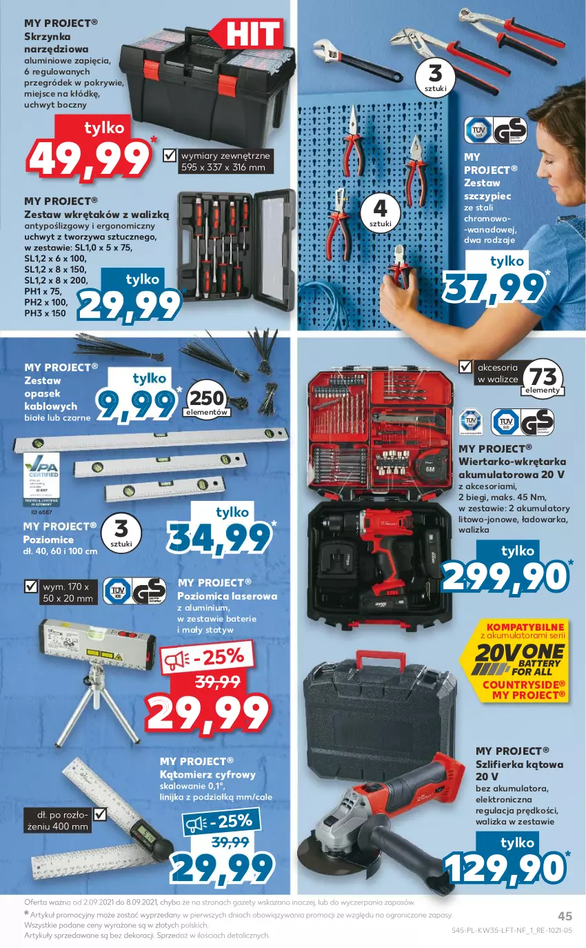 Gazetka promocyjna Kaufland - OFERTA TYGODNIA - ważna 02.09 do 08.09.2021 - strona 45 - produkty: Akumulator, Gra, Pasek, Piec, Poziomica, Ser, Skrzynka narzędziowa, Szlifierka, Szlifierka kątowa, Tarka, Walizka, Warka, Wkręt, Wkrętarka, Zestaw wkrętaków