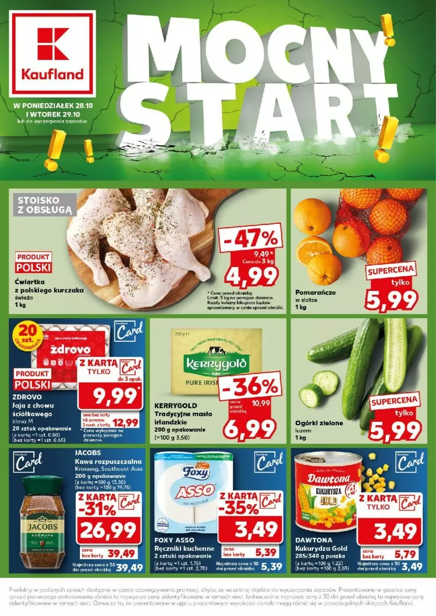 Gazetka promocyjna Kaufland - ważna 28.10 do 29.10.2024 - strona 1 - produkty: Foxy, Gra, Jacobs, Jaja, Kukurydza, Kurczak, Masło, Olej, Por, Pur, Ręcznik