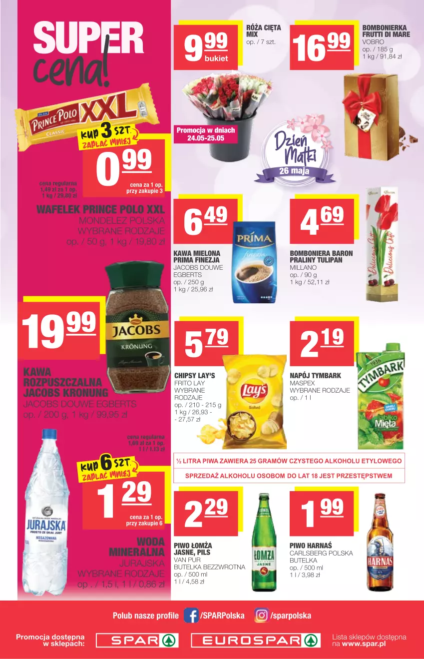 Gazetka promocyjna Spar - Eurospar - ważna 19.05 do 25.05.2021 - strona 4 - produkty: Bomboniera, Chipsy, Harnaś, Jacobs, Kawa, Kawa mielona, Napój, Piwo, Praliny, Prima, Prince Polo, Pur, Tulipan, Tymbark, Wafelek