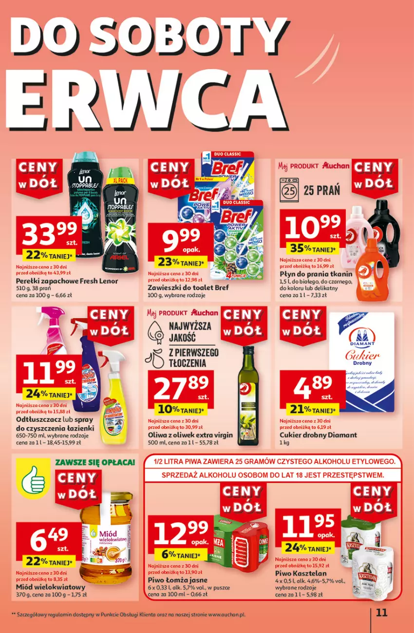 Gazetka promocyjna Auchan - Gazetka CENY W DÓŁ Hipermarket Auchan - ważna 13.06 do 19.06.2024 - strona 11 - produkty: Bref, Cukier, Diamant, Gin, Gra, Kasztelan, Lenor, Miód, Odtłuszczacz, Oliwa, Oliwa z oliwek, Perełki zapachowe, Piwa, Piwo, Spray do czyszczenia, Zawieszki