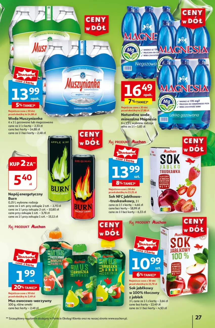 Gazetka promocyjna Auchan - Gazetka CENY W DÓŁ Hipermarket Auchan - ważna 13.06 do 19.06.2024 - strona 29 - produkty: Magnez, Miska, Mus, Muszynianka, Napój, Napój energetyczny, Sok, Sok jabłkowy, Top, Woda