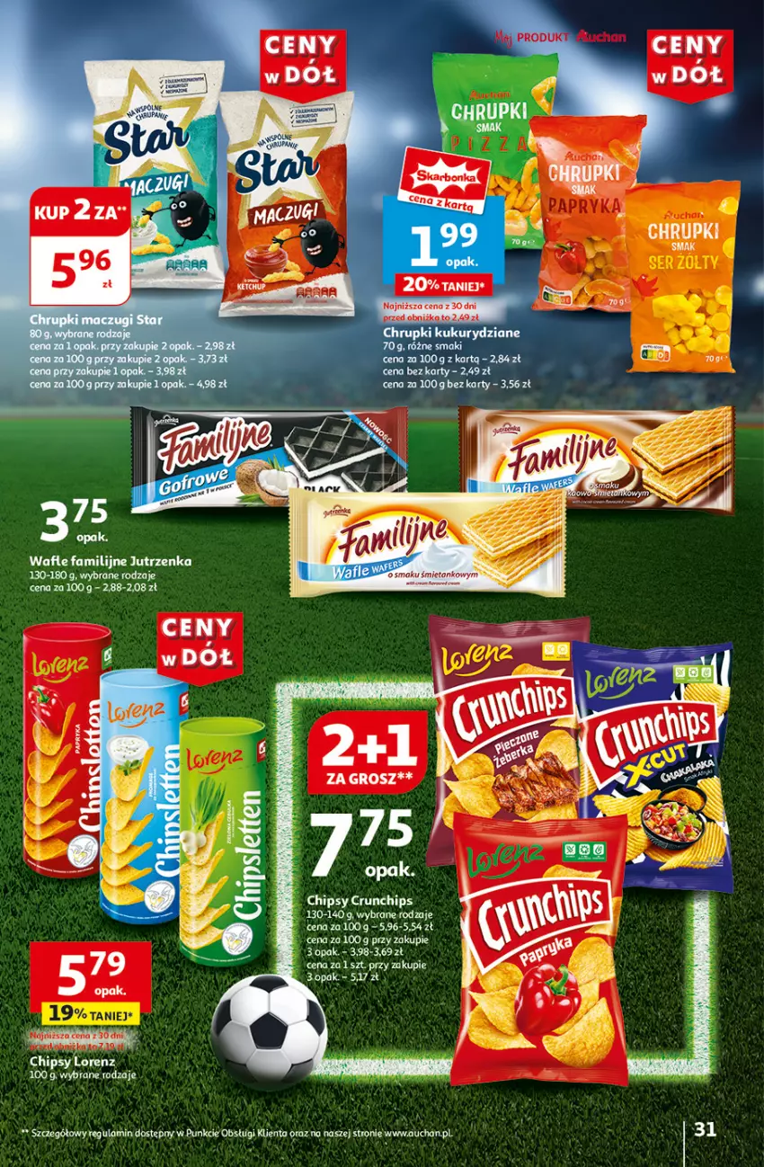 Gazetka promocyjna Auchan - Gazetka CENY W DÓŁ Hipermarket Auchan - ważna 13.06 do 19.06.2024 - strona 33 - produkty: Chipsy, Chrupki, Crunchips, Fa, Jutrzenka, Lorenz, Wafle