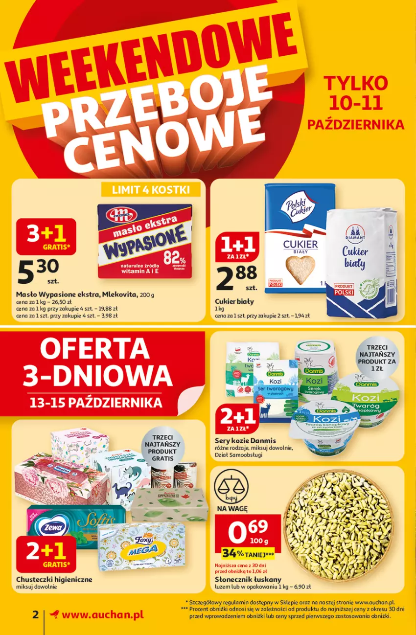 Gazetka promocyjna Auchan - Wielkie przeboje cenowe Supermarket - ważna 09.10 do 15.10.2025 - strona 2 - produkty: Chusteczki, Cukier, Masło, Mleko, Mlekovita, Ser