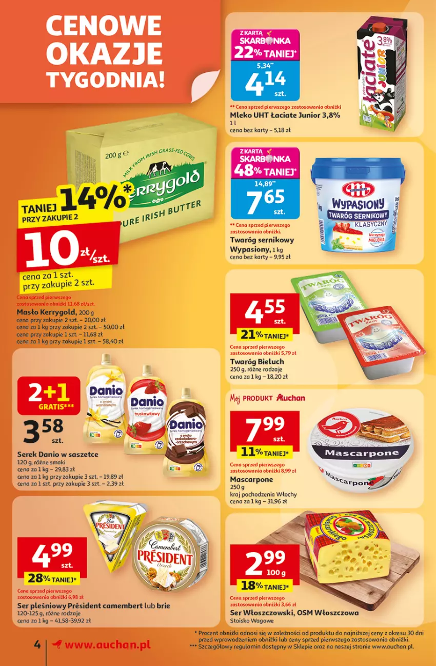 Gazetka promocyjna Auchan - Wielkie przeboje cenowe Supermarket - ważna 09.10 do 15.10.2025 - strona 4 - produkty: Bieluch, Brie, Camembert, Danio, LG, Masło, Mleko, Ser, Ser pleśniowy, Serek, Twaróg, Włoszczowski