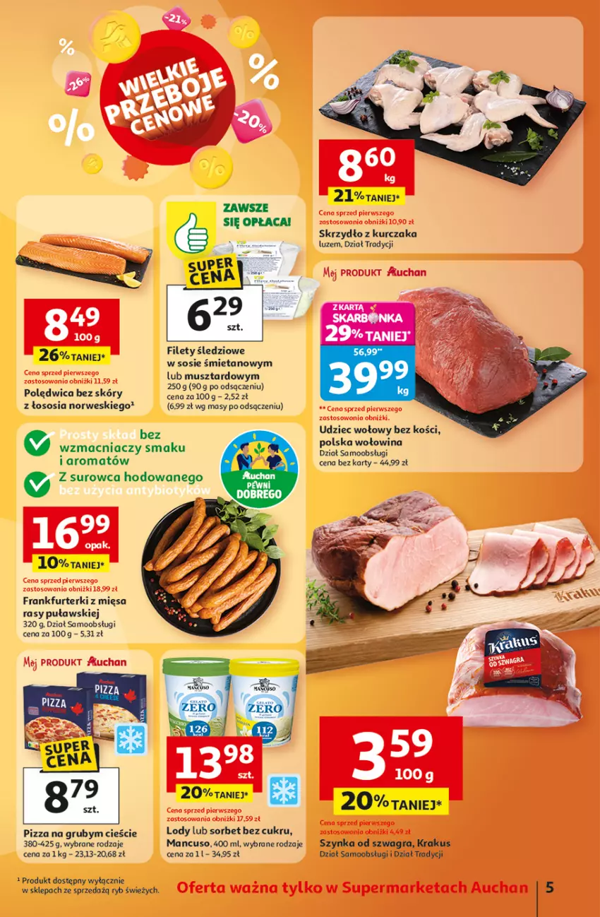 Gazetka promocyjna Auchan - Wielkie przeboje cenowe Supermarket - ważna 09.10 do 15.10.2025 - strona 5 - produkty: Frankfurterki, Gra, Krakus, Kurczak, Mus, Polędwica, Sos, Szynka, Udziec wołowy, Wołowina