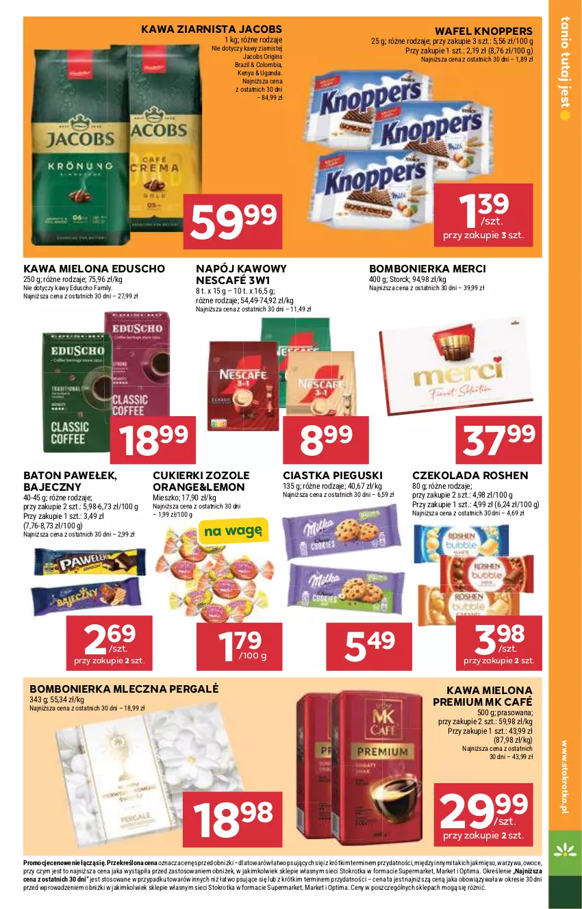 Gazetka promocyjna Stokrotka - Market - ważna 21.05 do 27.05.2026 - strona 23 - produkty: Baton, Ciastka, Cukier, Cukierki, Czekolada, Fa, Gin, Jacobs, Kawa, Kawa mielona, Kawa ziarnista, Knoppers, Merci, Mięso, Napój, Nescafé, Optima, Owoce, Warzywa