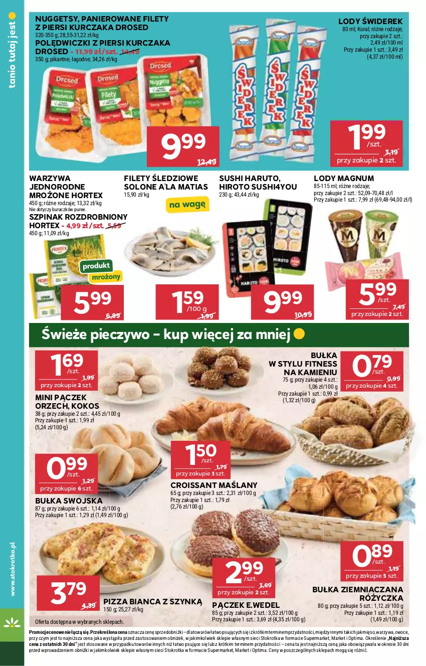 Gazetka promocyjna Stokrotka - Market - ważna 21.05 do 27.05.2026 - strona 30 - produkty: Bułka, Croissant, Hortex, Kokos, Kurczak, Lody, Mięso, Optima, Owoce, Pączek, Piec, Pieczywo, Pizza, Pur, Sushi, Szpinak, Warzywa