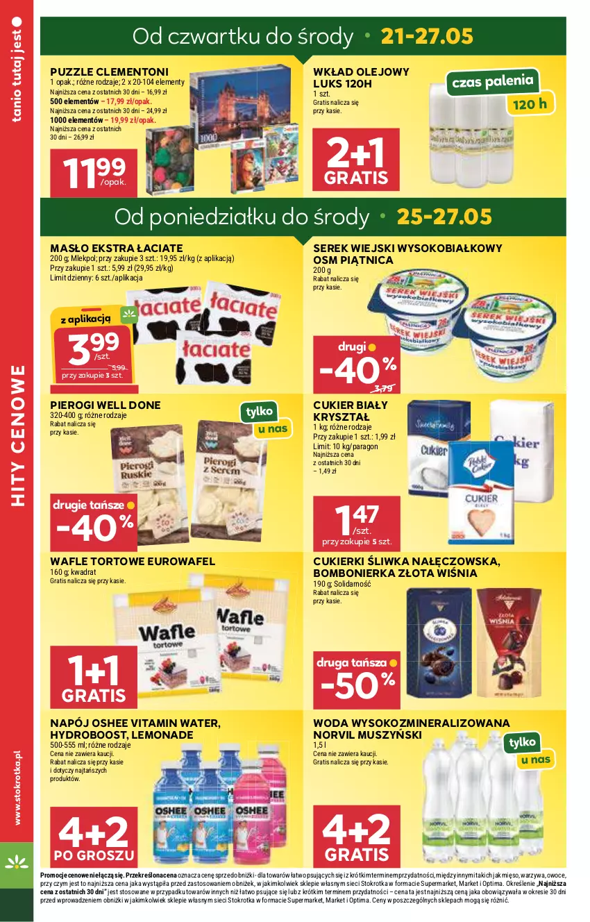 Gazetka promocyjna Stokrotka - Market - ważna 21.05 do 27.05.2026 - strona 4 - produkty: Cukier, Cukierki, Gra, Masło, Mięso, Mus, Napój, Olej, Optima, Oshee, Owoce, Piątnica, Pierogi, Puzzle, Ser, Serek, Serek wiejski, Sok, Wafle, Wafle tortowe, Warzywa, Wkład olejowy, Woda