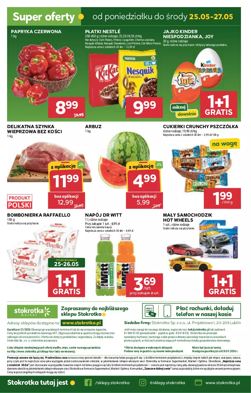 Gazetka promocyjna Stokrotka - Market - ważna 21.05 do 27.05.2026 - strona 44 - produkty: Arbuz, Chodzik, Cini Minis, Corn flakes, Cukier, Cukierki, Dres, Fa, Gra, Hot Wheels, JBL, Jogurt, Kinder, Lion, Mięso, Napój, Nesquik, Nestlé, O nas, Optima, Owoce, Papryka, Papryka czerwona, Raffaello, Ser, Szynka, Szynka wieprzowa, Telefon, Wagi, Warzywa