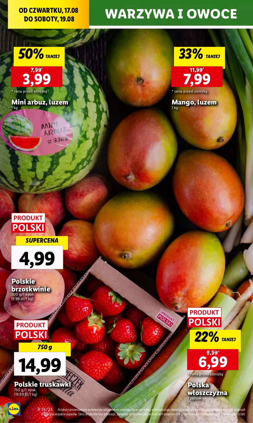 Gazetka promocyjna Lidl - GAZETKA - ważna 17.08 do 19.08.2023 - strona 16 - produkty: Arbuz, Brzoskwinie, Mango, Owoce, Truskawki, Warzywa, Warzywa i owoce