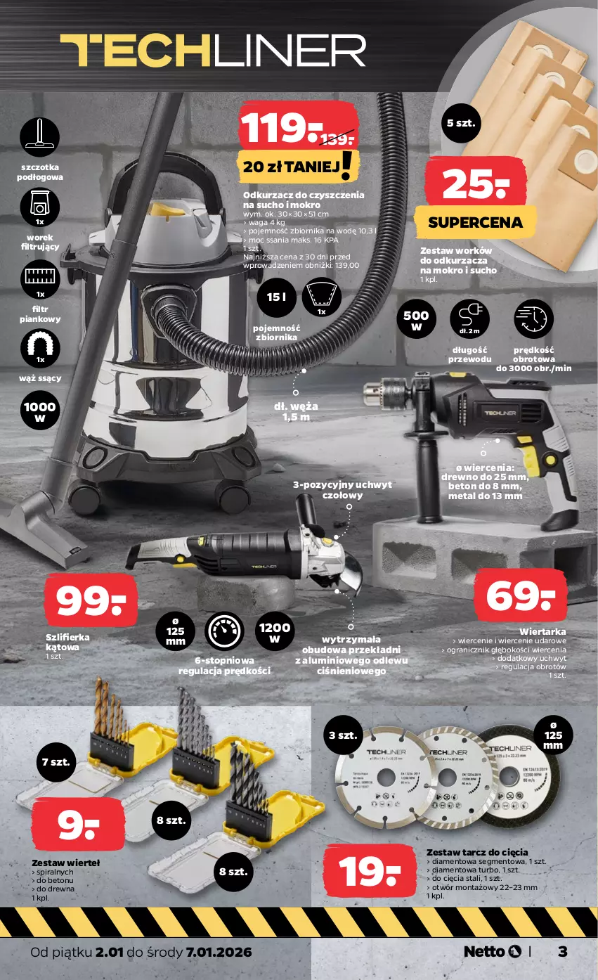 Gazetka promocyjna Netto - Od Piątku - ważna 02.01 do 07.01.2026 - strona 3 - produkty: Gra, Odkurzacz, Szczotka, Szlifierka, Szlifierka kątowa, Tarka, Top, Waga, Wiertarka, Zestaw wierteł