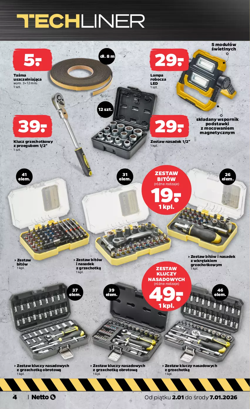 Gazetka promocyjna Netto - Od Piątku - ważna 02.01 do 07.01.2026 - strona 4 - produkty: Lampa, Lampa robocza LED, Por, Taśma uszczelniająca, Wkręt, Zestaw kluczy, Zestaw kluczy nasadowych