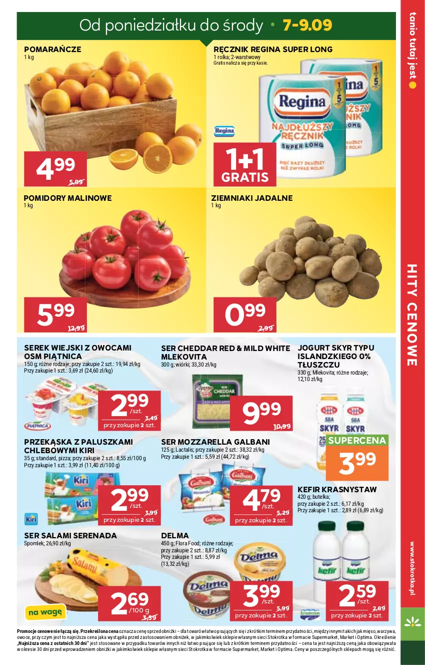 Gazetka promocyjna Stokrotka - Supermarket - ważna 03.09 do 09.09.2026 - strona 15 - produkty: Cheddar, Chleb, Delma, Flora, Galbani, Gin, Gra, Isla, Jogurt, Kefir, Mięso, Mleko, Mlekovita, Mozzarella, Optima, Owoce, Piątnica, Pizza, Pomarańcze, Pomidory, Ręcznik, Salami, Ser, Ser salami, Serek, Serek wiejski, Warzywa, Ziemniaki
