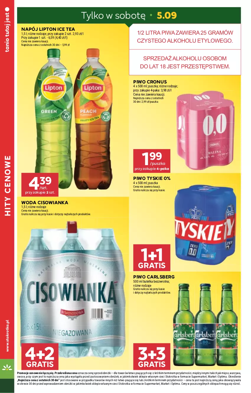 Gazetka promocyjna Stokrotka - Supermarket - ważna 03.09 do 09.09.2026 - strona 2 - produkty: Carlsberg, Cisowianka, Gra, Ice tea, Lipton, Mięso, Napój, Optima, Owoce, Piwa, Piwo, Tyskie, Warzywa, Woda