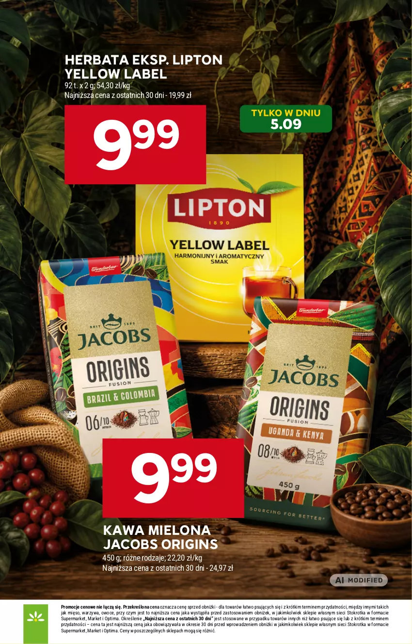 Gazetka promocyjna Stokrotka - Supermarket - ważna 03.09 do 09.09.2026 - strona 5 - produkty: Gin, Herbata, Jacobs, Kawa, Kawa mielona, Lipton, Mięso, Optima, Owoce, Warzywa
