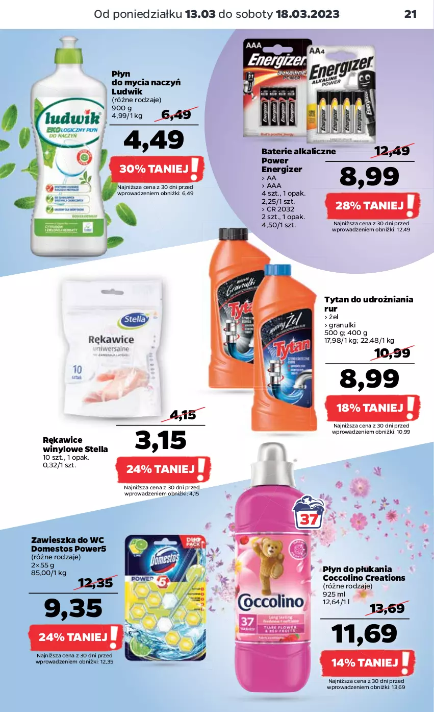 Gazetka promocyjna Netto - Artykuły spożywcze - ważna 13.03 do 18.03.2023 - strona 21 - produkty: Baterie alkaliczne, Coccolino, Do mycia naczyń, Domestos, Energizer, Gra, Ludwik, Płyn do mycia, Płyn do mycia naczyń, Płyn do płukania, Rękawice, Tytan, Zawieszka do wc