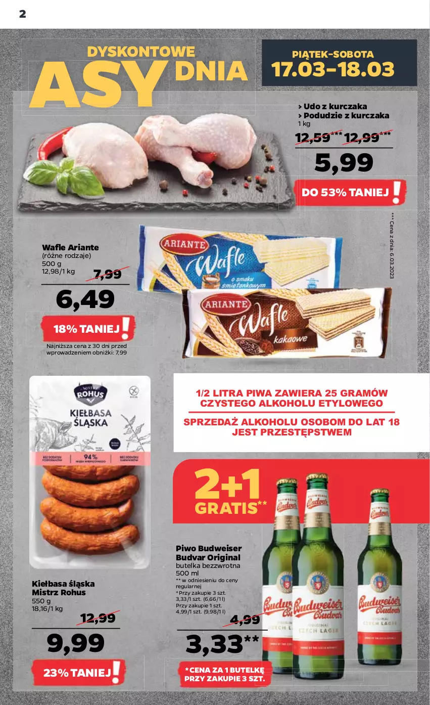 Gazetka promocyjna Netto - Artykuły spożywcze - ważna 16.03 do 22.03.2023 - strona 2 - produkty: Gin, Gra, Kiełbasa, Kiełbasa śląska, Kurczak, Piwa, Piwo, Podudzie z kurczaka, Ser, Udo z kurczaka, Wafle