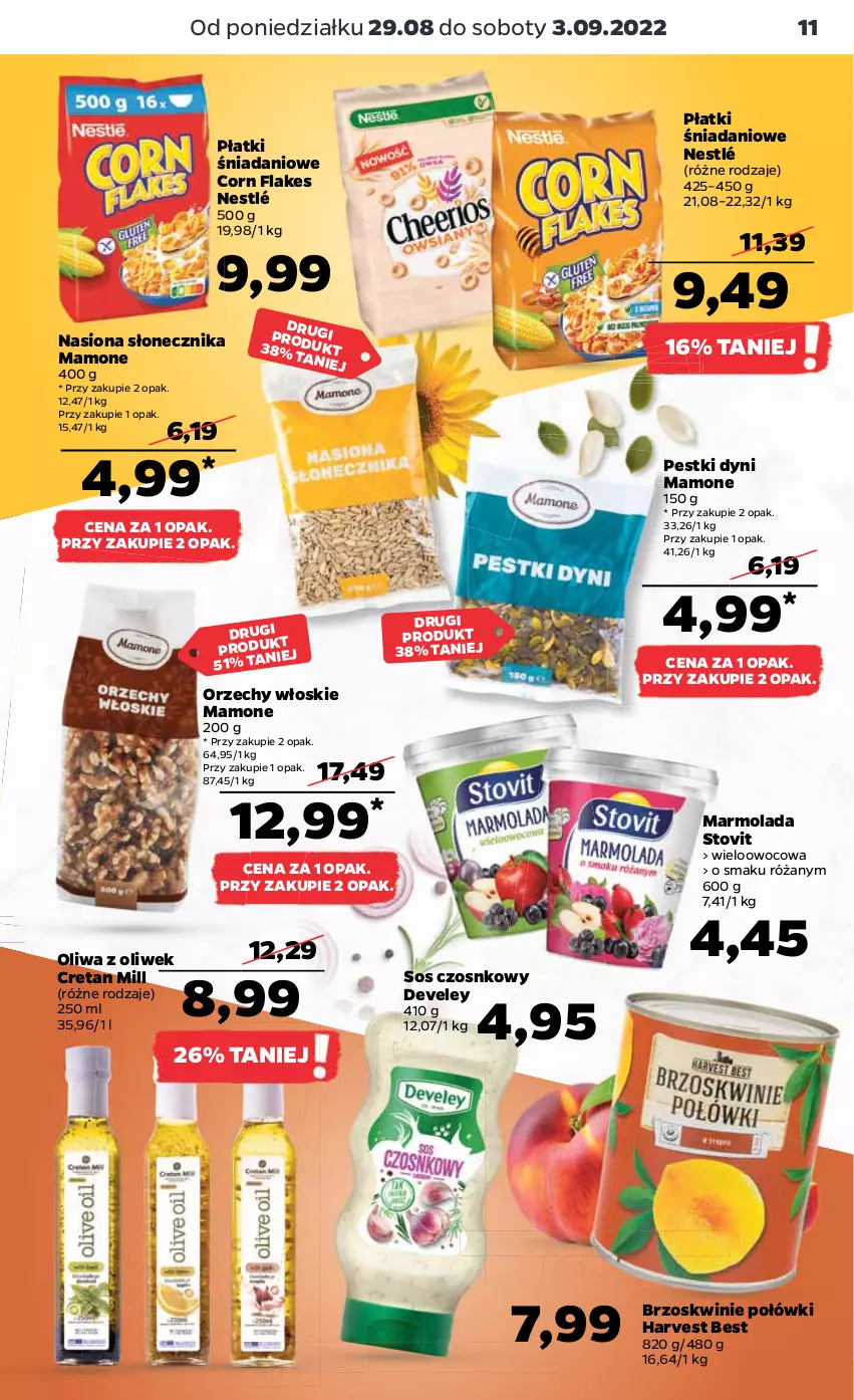 Gazetka promocyjna Netto - Artykuły spożywcze - ważna 29.08 do 03.09.2022 - strona 11 - produkty: Brzoskwinie, Corn flakes, Danio, Marmolada, Mola, Nestlé, Oliwa, Oliwa z oliwek, Orzechy włoskie, Pestki dyni, Róża, Sos, Sos czosnkowy