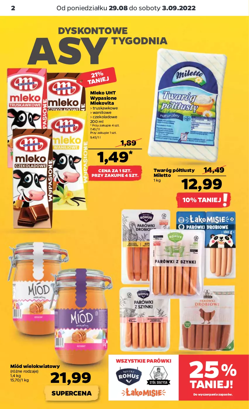 Gazetka promocyjna Netto - Artykuły spożywcze - ważna 29.08 do 03.09.2022 - strona 2 - produkty: Miód, Mleko, Mlekovita, Parówki, Twaróg, Twaróg półtłusty