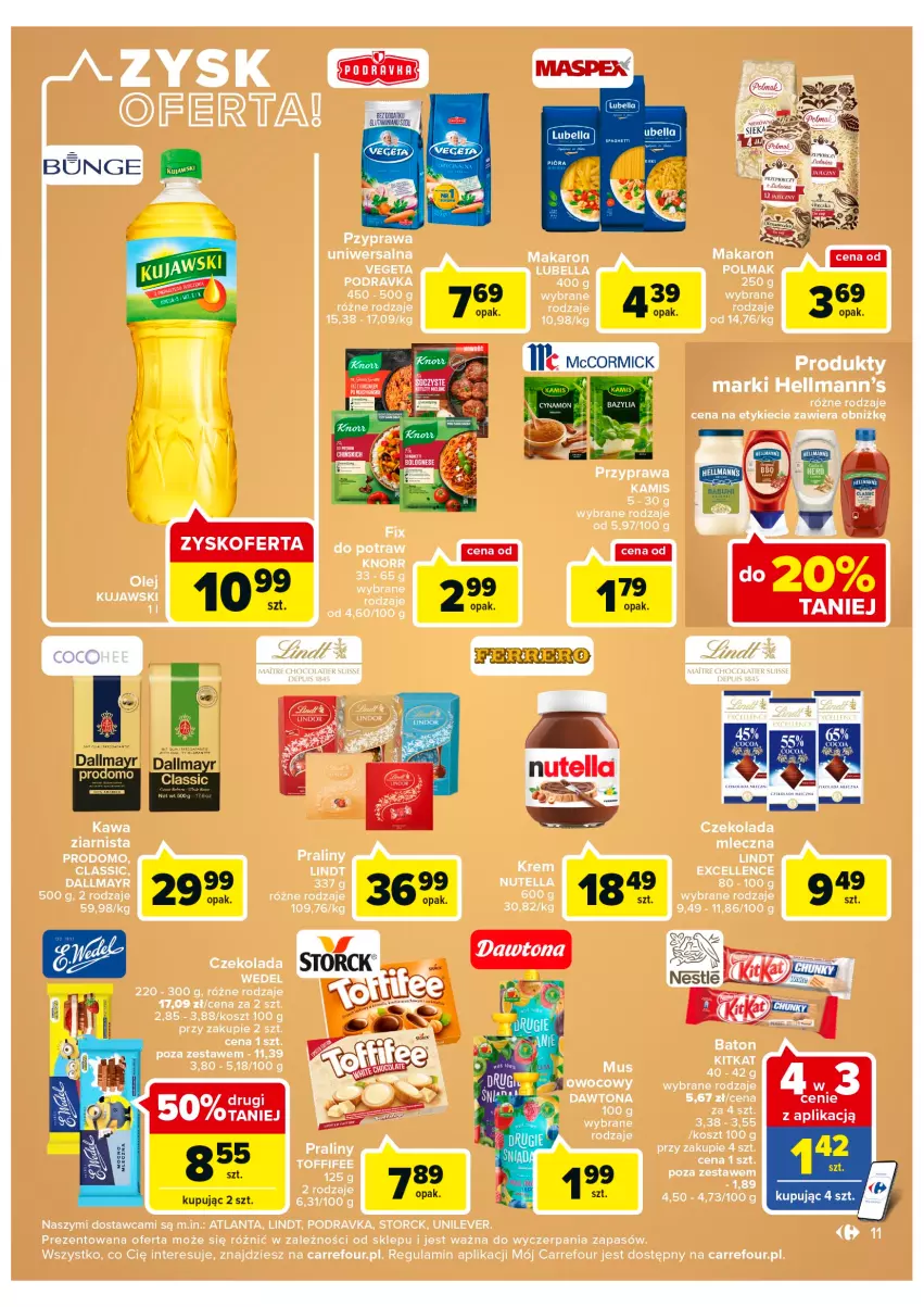 Gazetka promocyjna Carrefour - Gazetka Market Zyskoteka - ważna 04.10 do 08.10.2022 - strona 11 - produkty: Bell, Bella, Czekolada, Dallmayr, Kamis, Kawa, Knorr, Kosz, Kujawski, LG, Lindt, Lubella, Makaron, Nutella, Olej, Olma, Podravka, Praliny, Toffifee