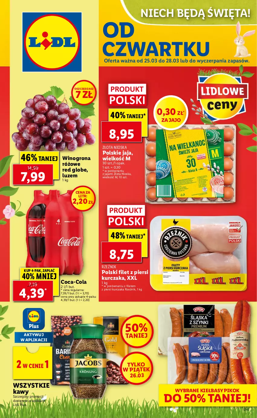 Gazetka promocyjna Lidl - GAZETKA - ważna 25.03 do 28.03.2021 - strona 1 - produkty: Coca-Cola, Filet z piersi kurczaka, Jaja, Kurczak, PIKOK, Por, Wino, Winogrona