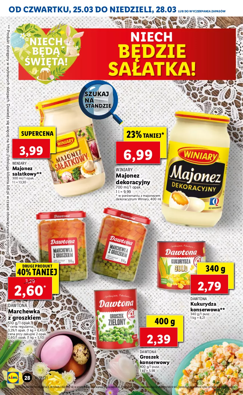 Gazetka promocyjna Lidl - GAZETKA - ważna 25.03 do 28.03.2021 - strona 28 - produkty: Dawtona, Groszek, Kukurydza, Kukurydza konserwowa, Majonez, Majonez sałatkowy, Marchewka, Por, Sałat, Sałatka, Ser, Winiary